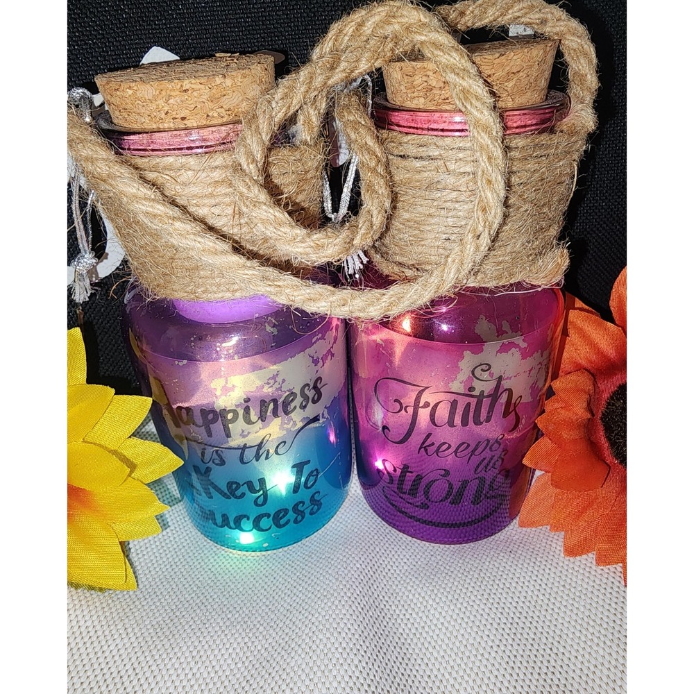 Set of 2 Inspirational LED Light Up Glass Jars Ombre Iridescent Decor Faith Joy